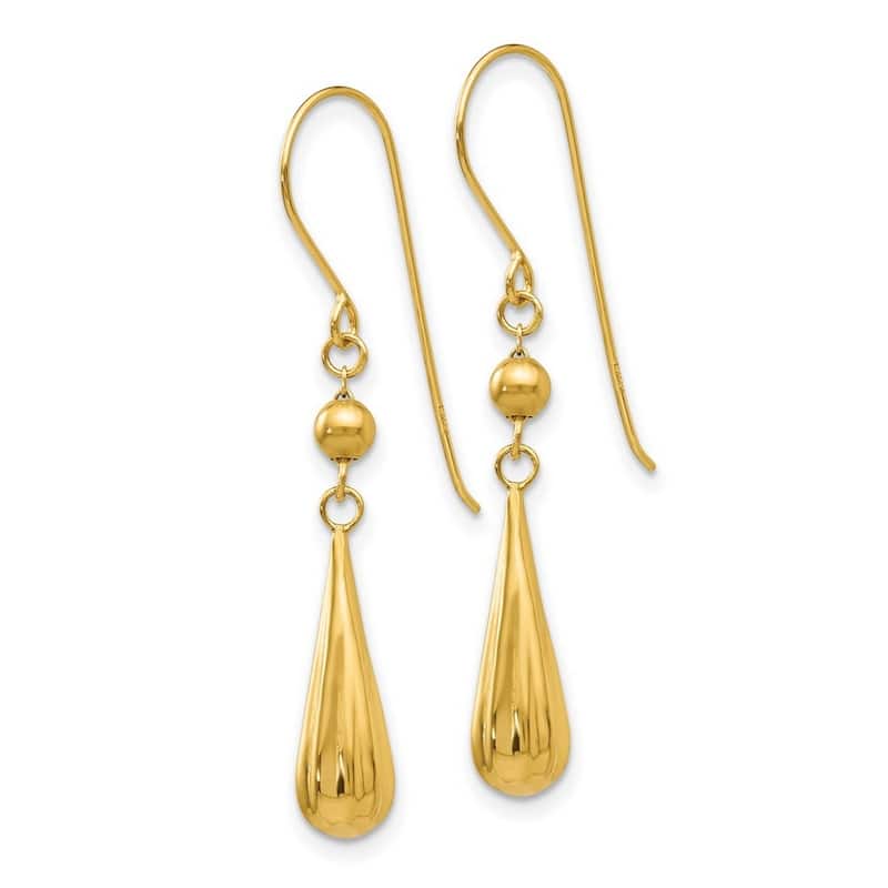 Curata 14k Yellow Gold 37x5mm Textured Grooved Puffed Teardrop Hook Earrings