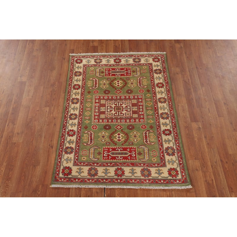 Light Green Geometric Kazak Accent Rug Handmade Wool Carpet - 3'4" x 4'7"