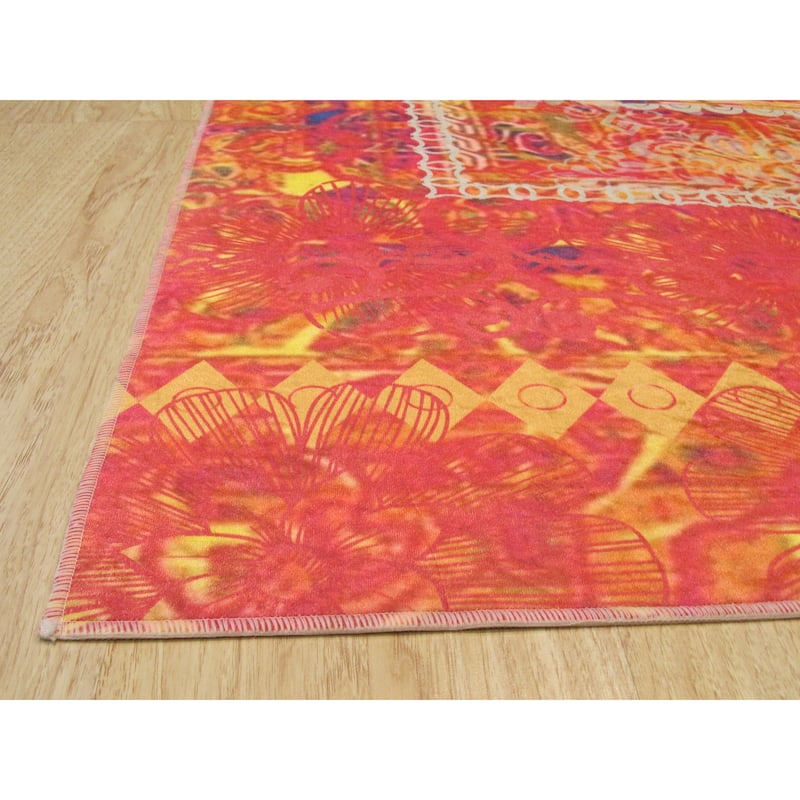 Red Distressed Bohemian Moderno Rug by , Stylish and Bold Area Rug for Adding a Bohemian Flair to Your Living Room