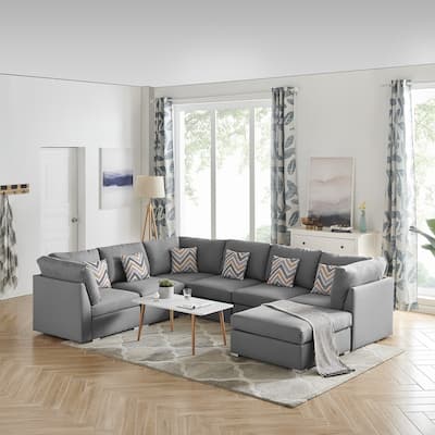 Amira Gray Fabric Reversible Modular Sectional Sofa with Ottoman and Pillows