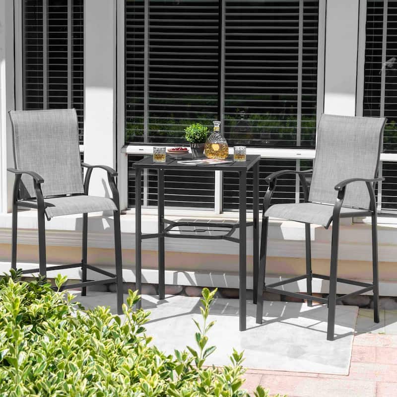 Outdoor 3-Piece Textilene Bar Set, Height Back Bar Stools and Umbrella Hole, Black and Gray - Black&Grey