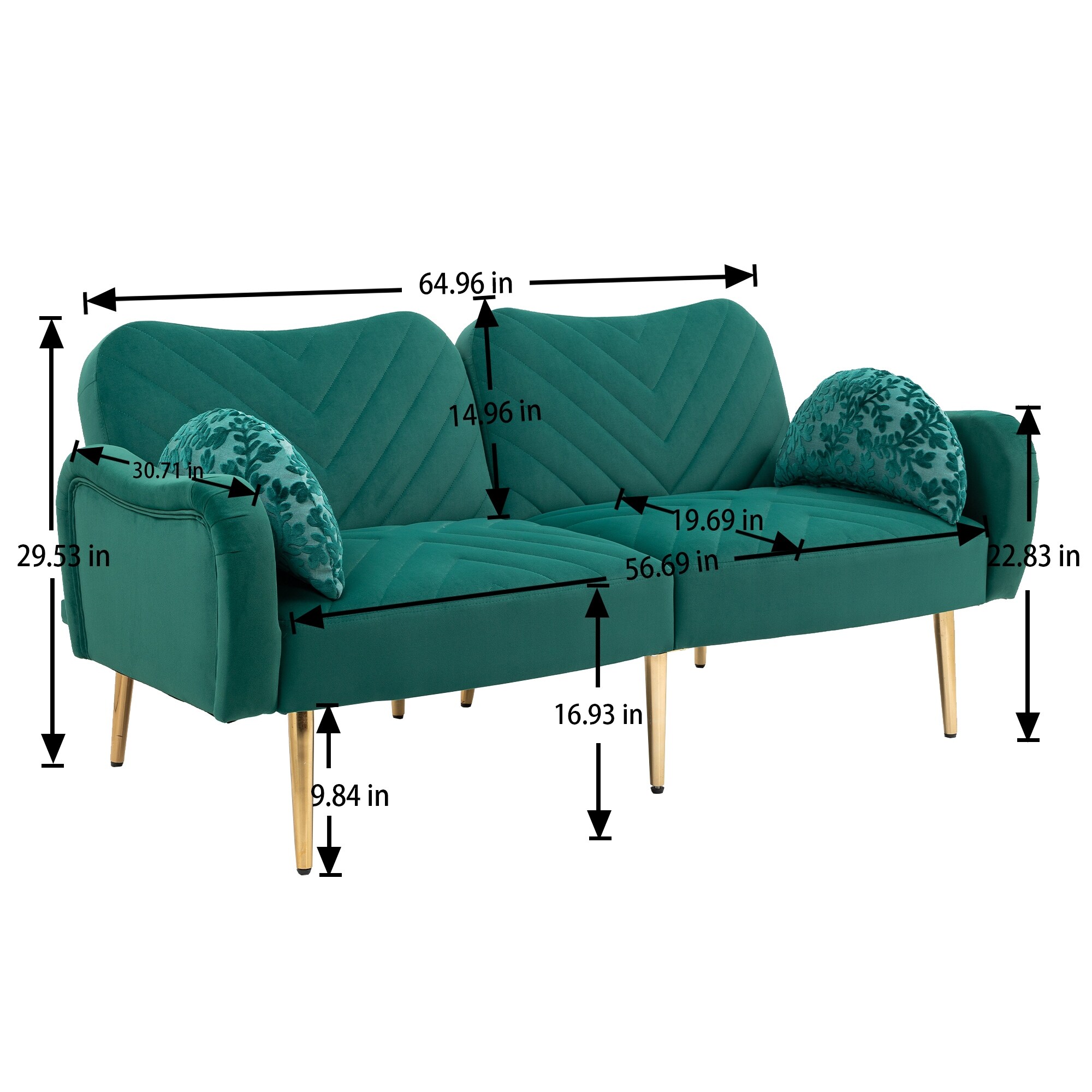 65 inch Modern Recessed Arms Loveseat Velvet Sleeper Sofa Bed with