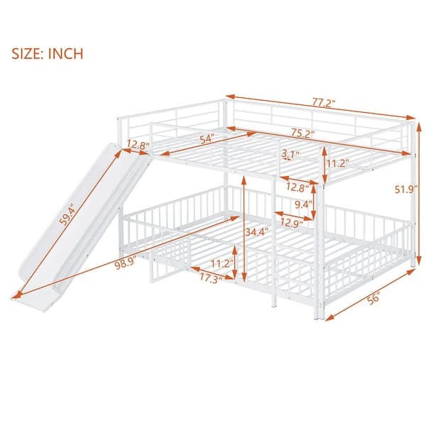 dimension image slide 1 of 2, Unique Design Full over Full Size Metal Bunk Bed with Slide and Guardrails