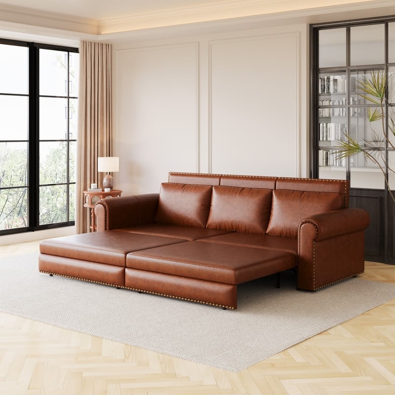 3-in-1 King Pull Out Sofa Bed Chesterfield Sofa, Velvet/Faux Leather Convertible Sleeper Sofa with Nailhead Trim & Rolled Arm