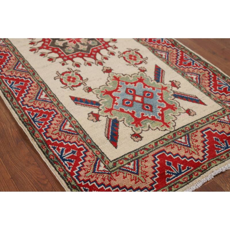 Hand Knotted Oriental 100% Wool Carpet Traditional Geometric Beige & Ivories Kazak Runner Rug - 12' 8'' X 2' 9''
