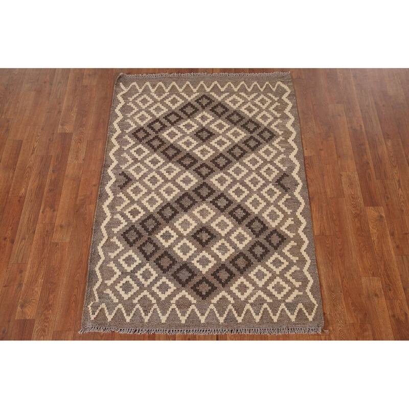 Brown Kilim Accent Rug Hand-Woven Reversible Oriental Wool Carpet - 3'3"x 5'2"