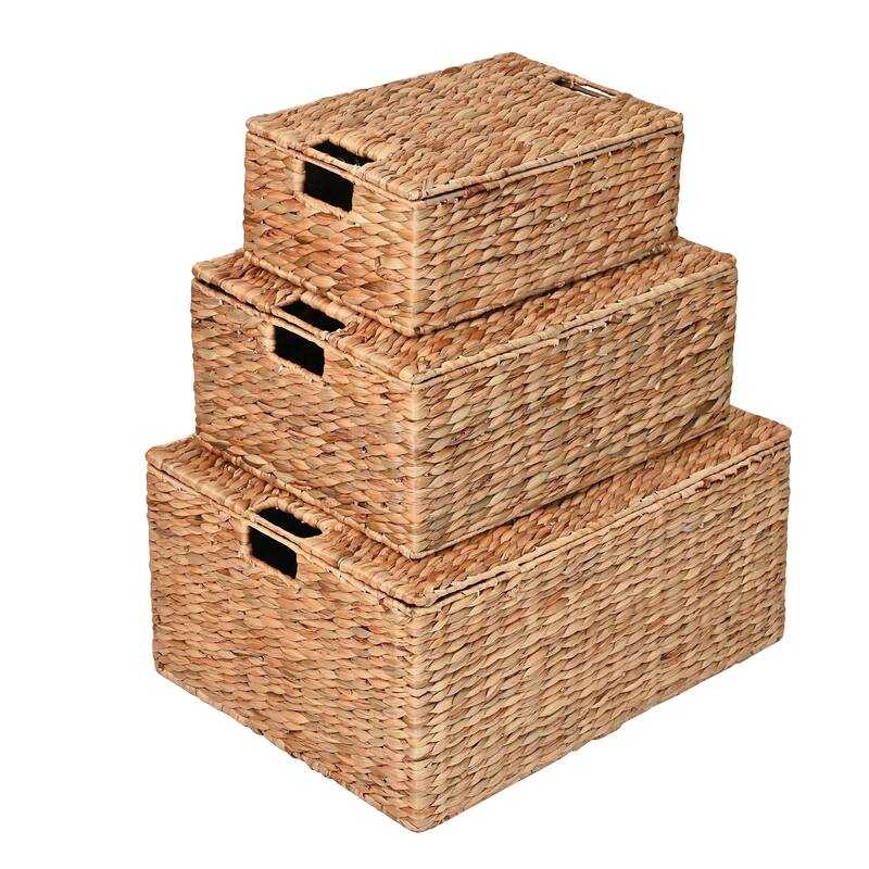 Woven Rectangular Storage Baskets with Lids & Handles (Set of 3)