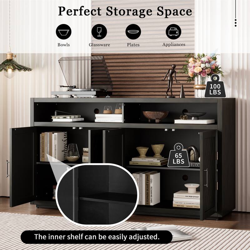 4 Door Sideboard with Open Storage and Adjustable Shelves