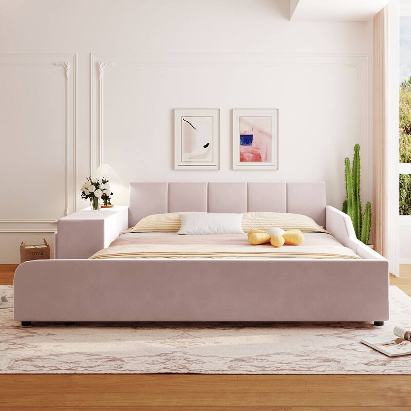 Queen/Full Mother & Child Bed with Bedside Desk, Velvet Upholstery & Round Stool - Pink - Queen