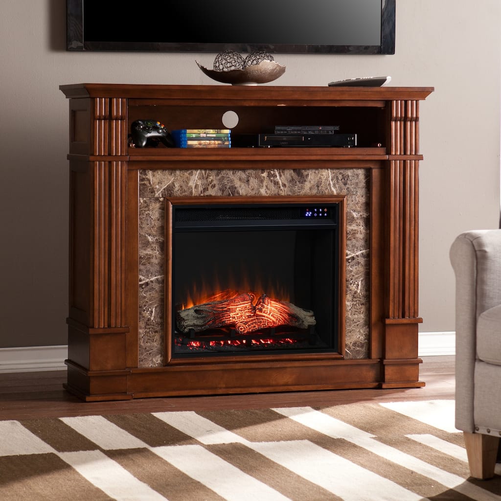 48 in. Freestanding Stone Smart Electric Fireplace TV Stand in Brown for farmhouse entertainment centers