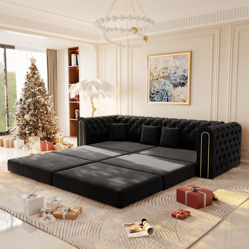 GDFStudio - 90.6" 3-in-1 Convertible Velvet Sleeper Sofa with Movable Ottoman