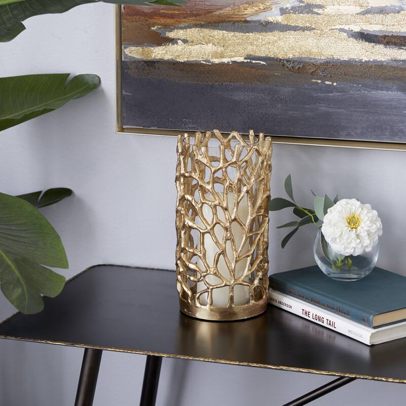 Aluminum Metal Decorative Indoor Outdoor Candle Lantern with Coral Pattern - Gold - Roche River Decor
