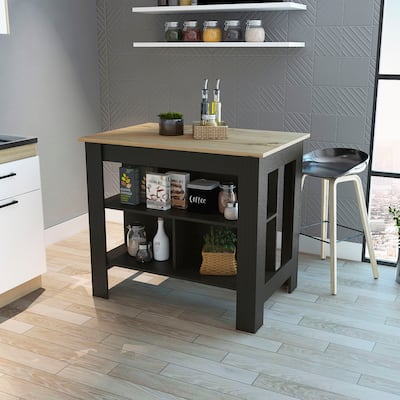 Rockaway 3-Shelf Kitchen Island Black Wengue and Light Oak
