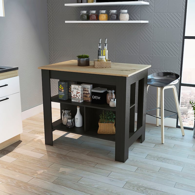 Solid Wood Table Top Kitchen Island with 3 Open Shelves for Storage ...