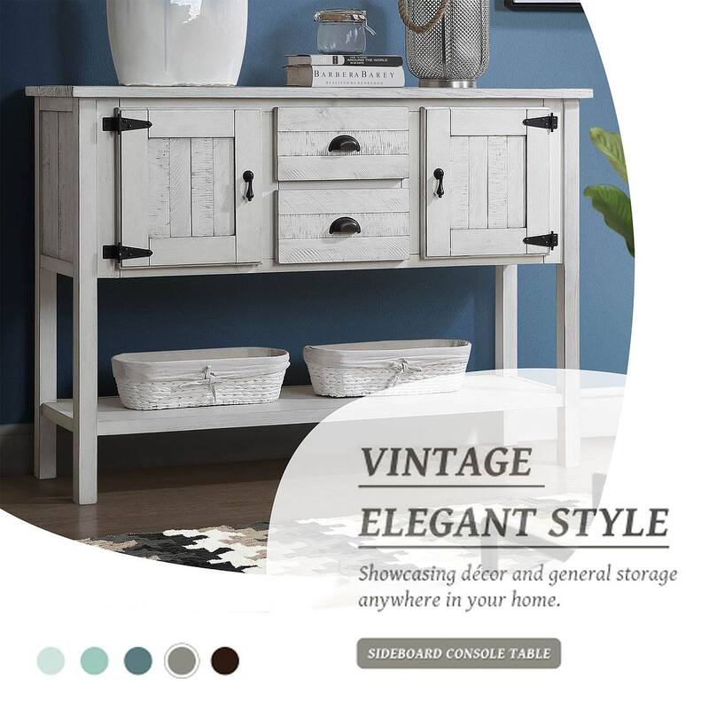 48" Solid Wood Hall Table Console with 2 Drawers and Cabinets and Bottom Shelf