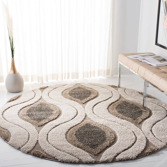 SAFAVIEH Florida Shag Bertille Geometric 1.2-inch Thick Rug - 5' x 5' Round - Cream/Smoke
