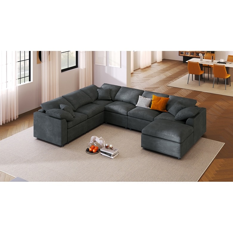 Roomfitters 7-Seater Modular Sectional Sofa with Ottoman, Extra Large L-Shape Chenille Upholstered Couch