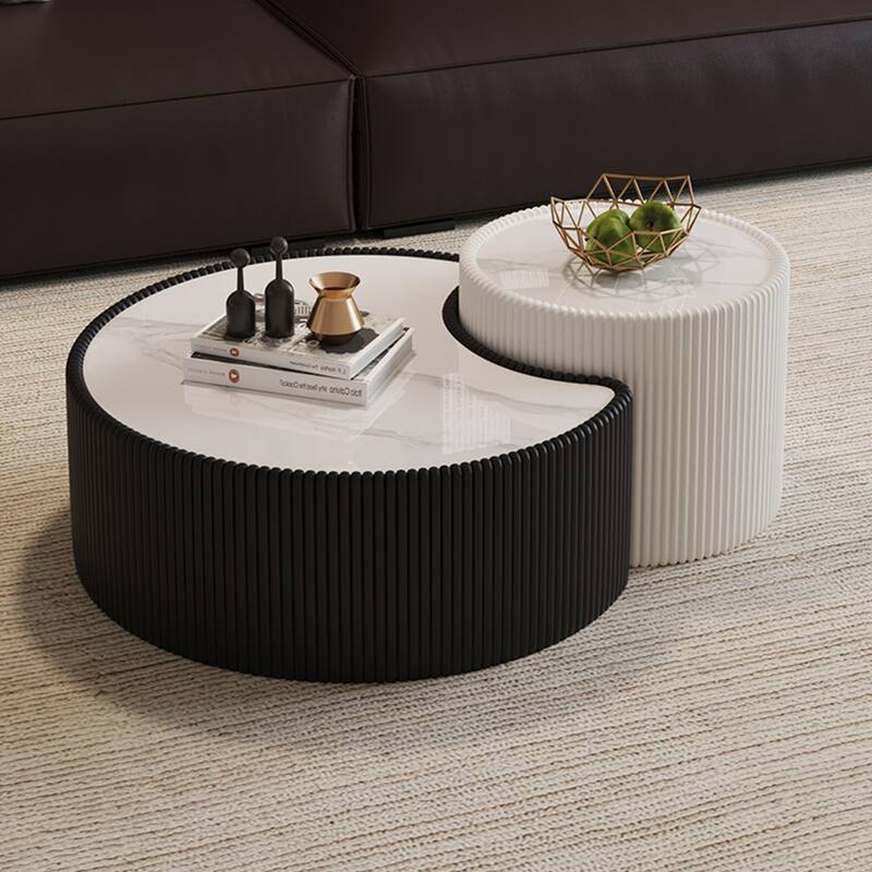 Stylish Modern Coffee Table with Light Sintered Stone Top, Irregular Accents Table, Sofa Side Table with Faux Leather Frame