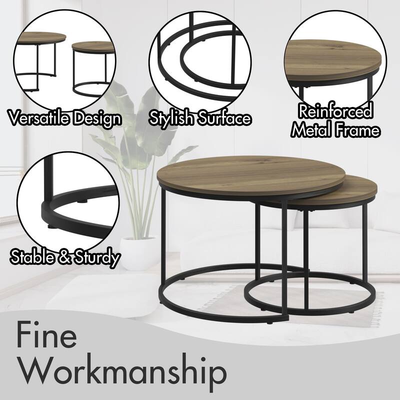 Anmytek Round Nesting Coffee Table Set 2 Piece Wood and Metal Side Tables for Living Room