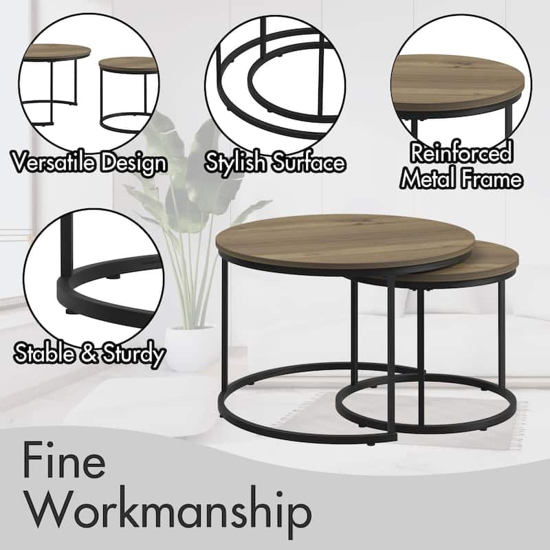 Modern Nesting Coffee Table Round Coffee Table Side Table, 2-Piece Set with Base, for Living Room, Brown