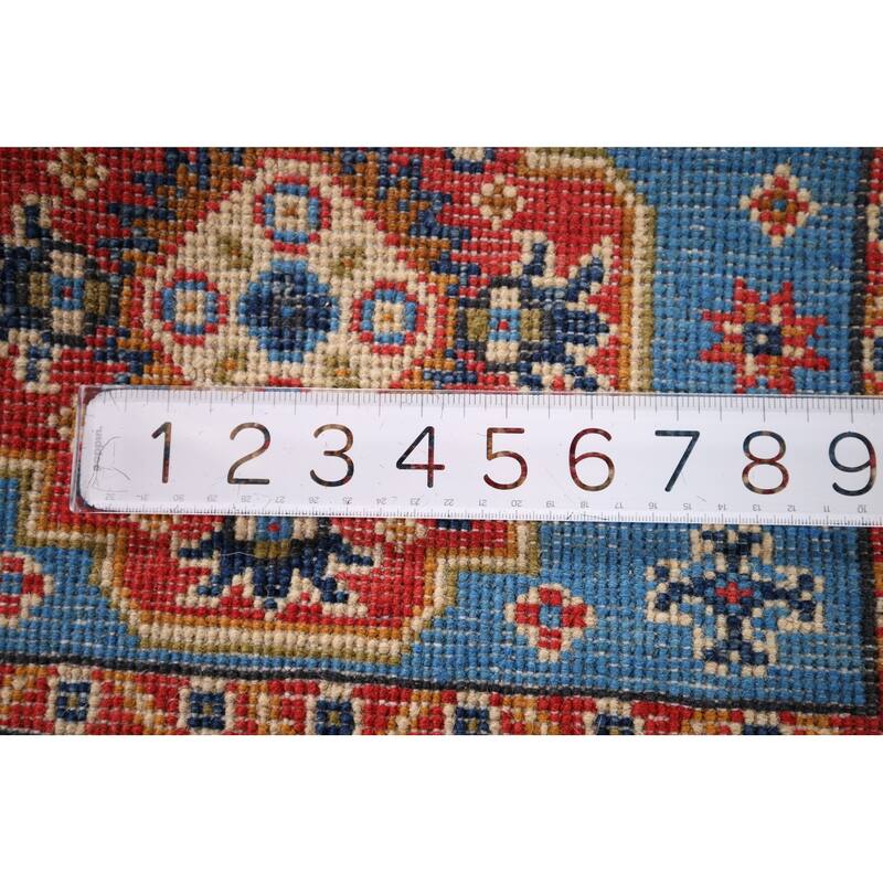 Blue Geometric Kazak Foyer Rug Hand-Knotted Wool Carpet - 2'0" x 2'11"