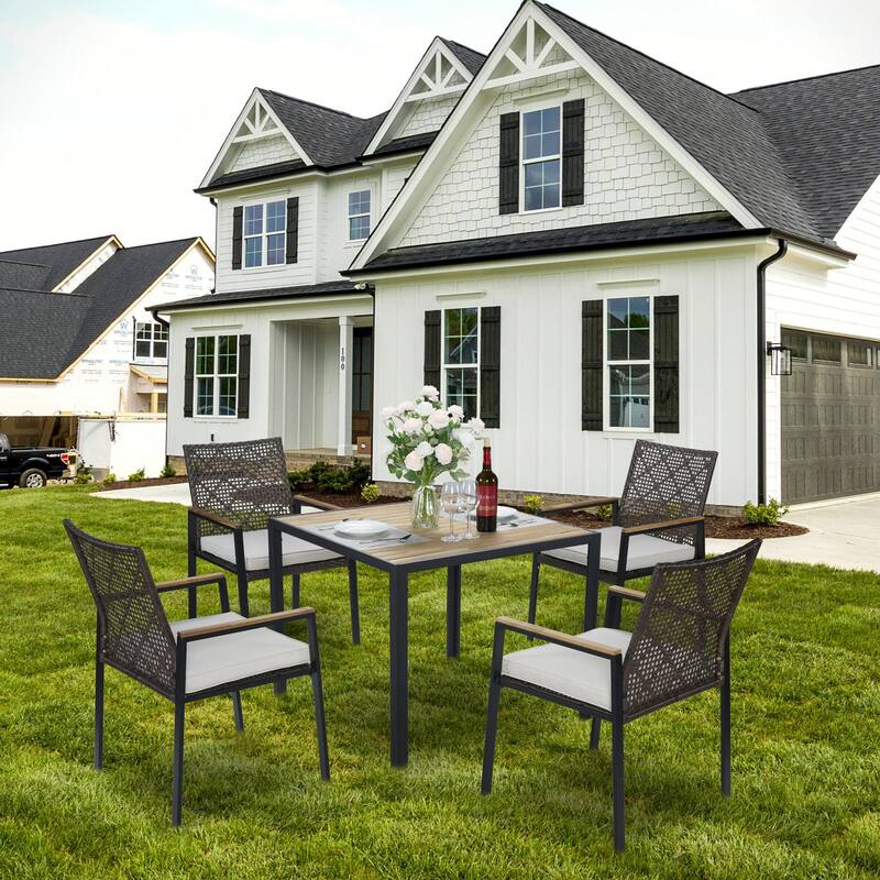 All Weather 5-Piece Patio Dining Table Sets, Patio Conversation Set Acacia Wood Table Top with Umbrella Hole, Rattan Outdoor