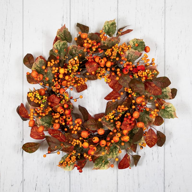 Berries and Pumpkins Artificial Fall Harvest Wreath - 24" - Orange and Green - Unlit