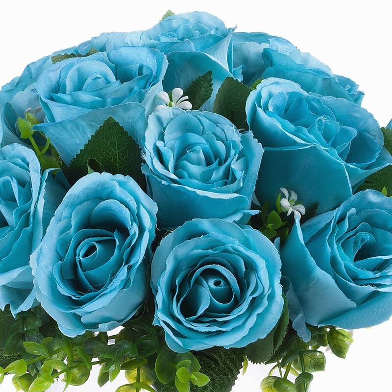 Enova Home Artificial Open Fake Silk Roses Flowers Arrangement in Clear Glass Vase with Faux Water for Home Wedding Decoration