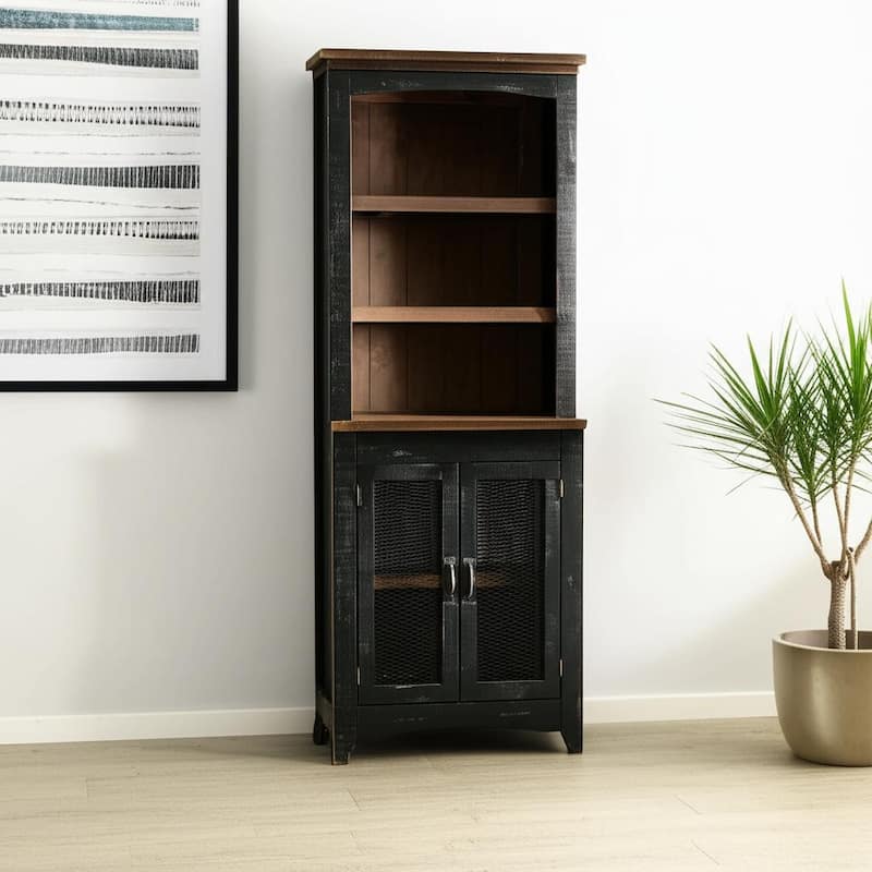 HomeRoots 72" Brown and Black Distressed Wood Dining Hutch With Two Doors - Brown