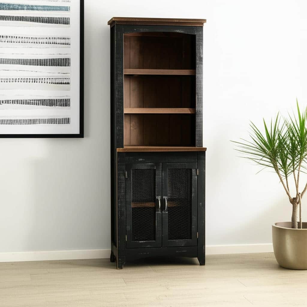 HomeRoots 72" Brown and Black Distressed Wood Dining Hutch With Two Doors