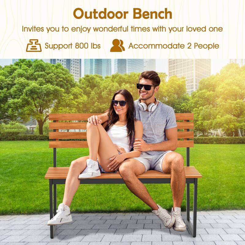 Gymax Outdoor Bench Acacia Wood Patio Loveseat w/ Backrest & Heavy