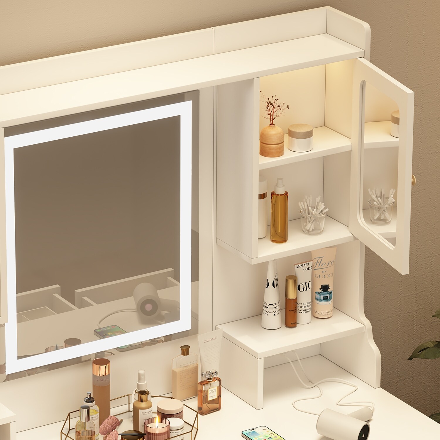 Large Vanity Table Set with Mirror, 6 Drawers & Shelves 