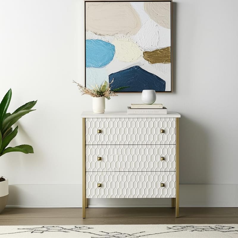 HomeRoots 32" White and Gold Wood and Metal Carved Geometric Accent Cabinet With Three Drawers - White