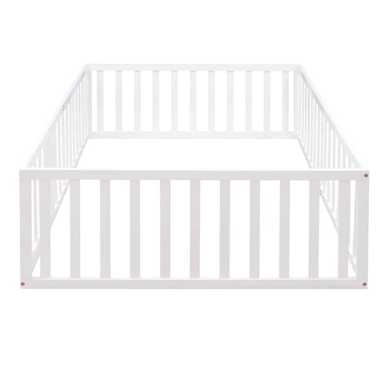 Full Bed Frame for Boys and Girls Toddler Floor Bed Montessori Bed Frame with Fence and Lockable Door for Kids Floor