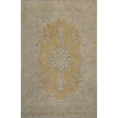 Hand Knotted Oriental 100% Wool Carpet Traditional Floral Yellow & Gold Kerman Area Rug - 12' 9'' X 9' 6''