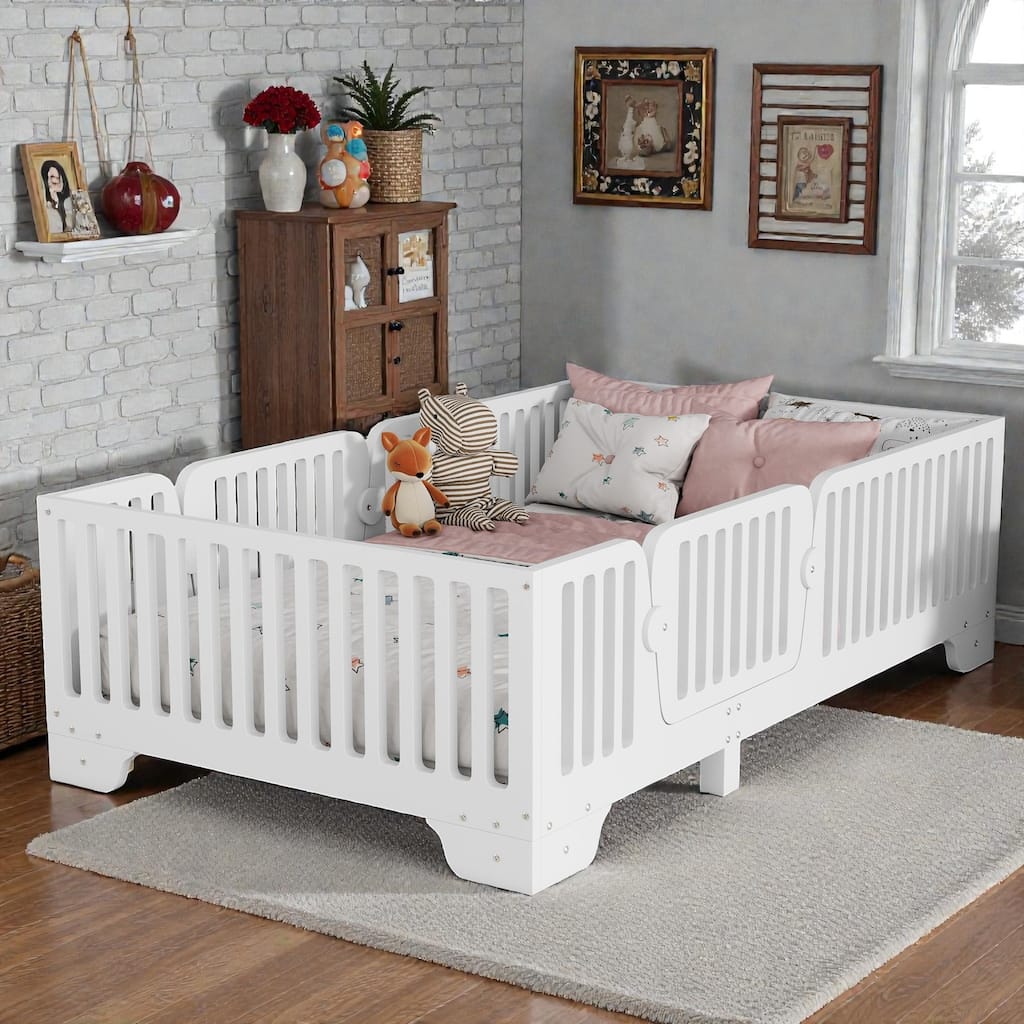 Montessori Floor Bed with Fence and Door, Kids Floor Bed Frame with Slats, No Box Spring Needed