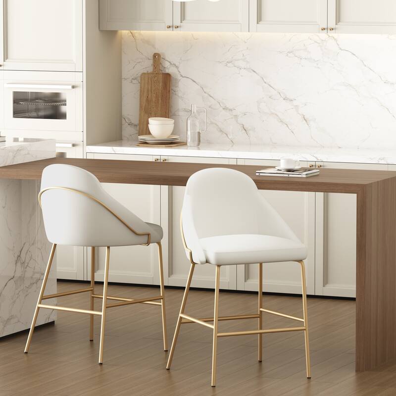Manhattan Comfort Gracie Leatherette Counter Bar Stoool with Steel Legs - Set of 2 - White Gold - Counter Height