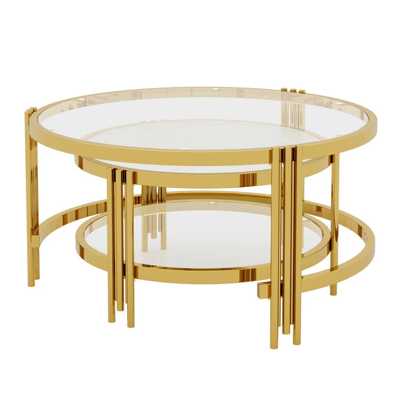 2-Piece Nesting Coffee Table Set, Round Glass Top Center Table with Lower Shelf, 2-Tier Metal Frame Storage Accent Tables