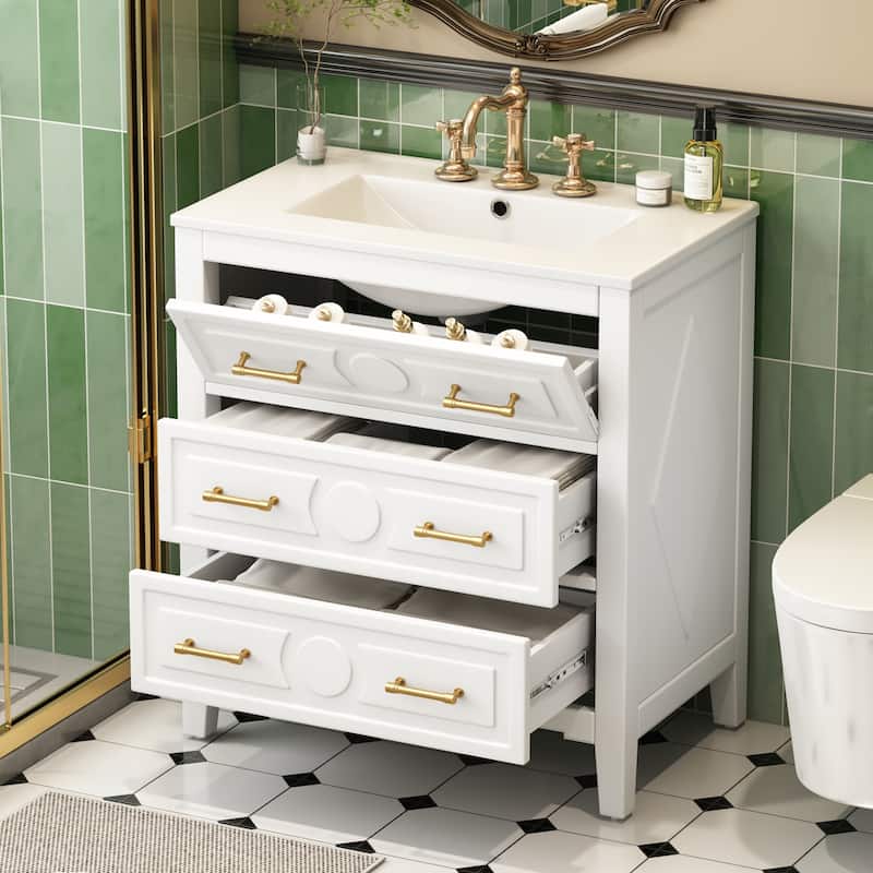 GDFStudio - Wimborne Retro Freestanding Bathroom Vanity with Ceramic Sink and 3 Storage Drawers - 30'W