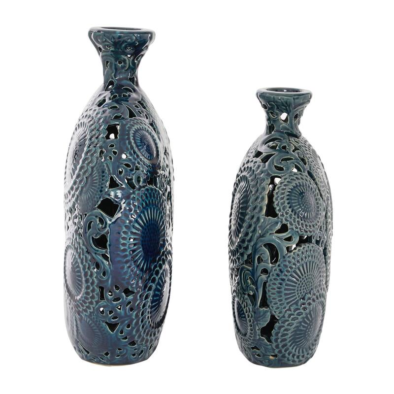 Ceramic Floral Decorative Vase with Cut Out Patterns - Set of 2 Blue - Roche River Decor