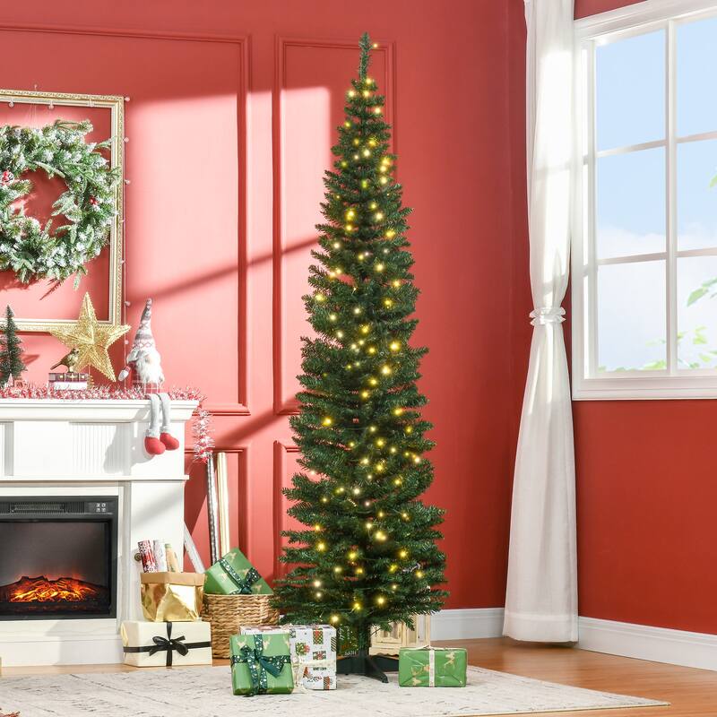 HOMCOM 7ft Tall Pre-Lit Slim Noble Fir Artificial Christmas Tree with Realistic Branches, 200 Warm White LED Lights, Green - Green