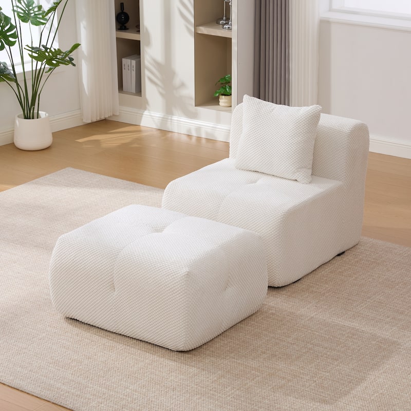 2-Piece Modular Single Sofa Chair Set with Ottoman, Modern Boneless Accent Chair Armless Floor Sofa All-Foam Chaise Lounges - Ivory