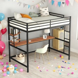 Modern Style Full Metal Loft Bed with Desk, Shelve, 4-step Ladder and Guardrail, Creative Structure & Good Stability, Espresso