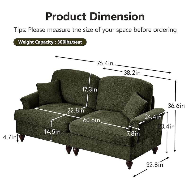 Mid-Century 2-Seat Sofa Couch with Flared Arms & Removable Ruffled Skirts, Retro Chenille Upholstered Loveseat for Living Room