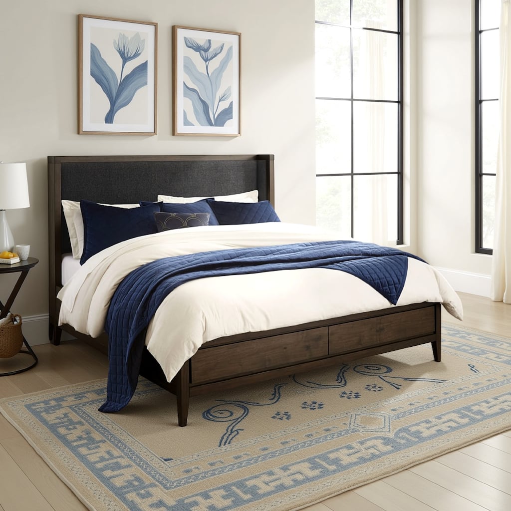 Enzo Queen Storage Bed, Linen Upholstered Headboard, Brown Mahogany Wood