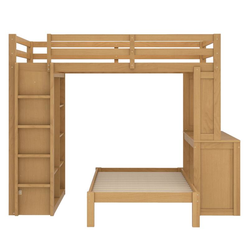 Full Over Twin Bunk Bed with Built-in Desk, Shelves and Wardrobe, Wood Bunk Bed Frame with Platform Bed and Loft Bed