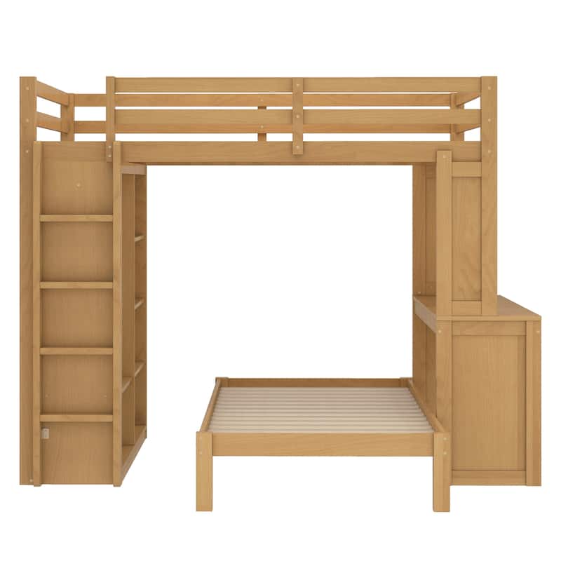 Full over Twin Bunk Bed with Dismountable Lower Bed and Desk, Solid Wood Bunk Beds Frame with Built-in Shelves and Wardrobe