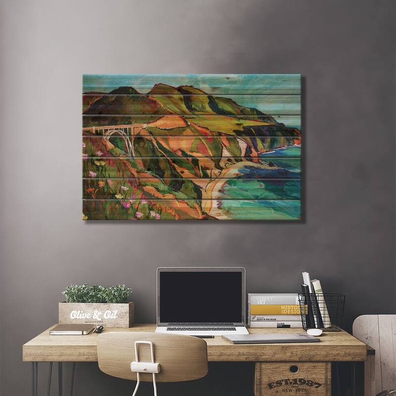California Coastline Print On Wood by Maxine Shore - Multi-Color
