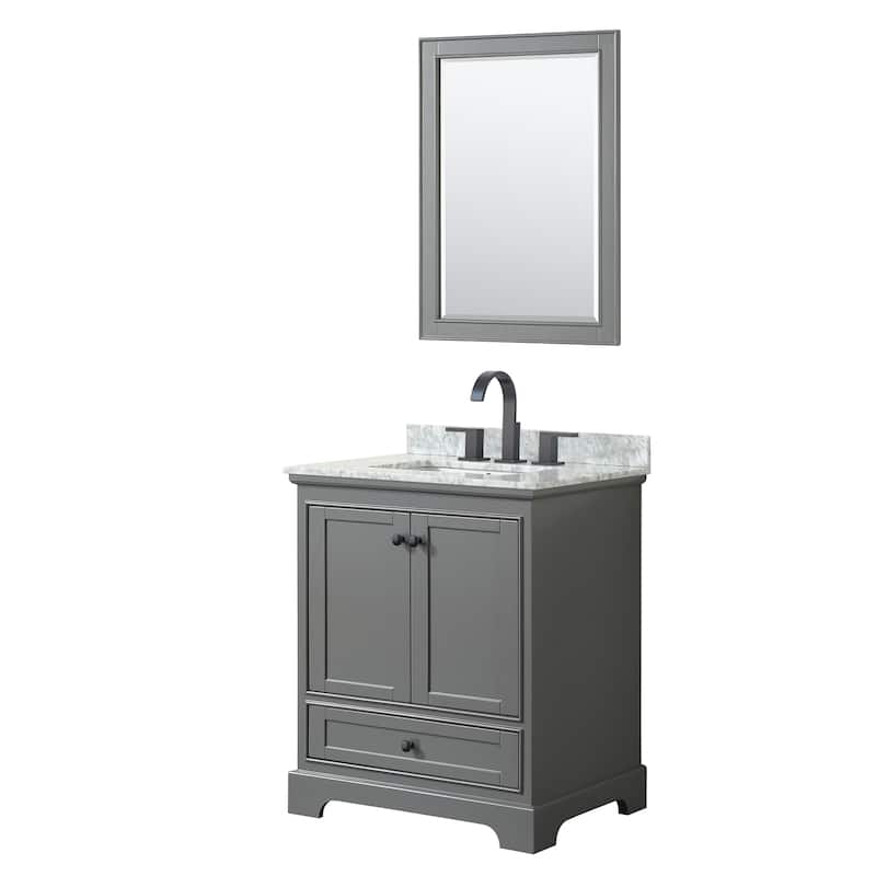Deborah 30-inch Dark Gray Single Vanity, Square Sink, 24-inch Mirror - Dark Gray, Black Trim, White Carrara Marble Top