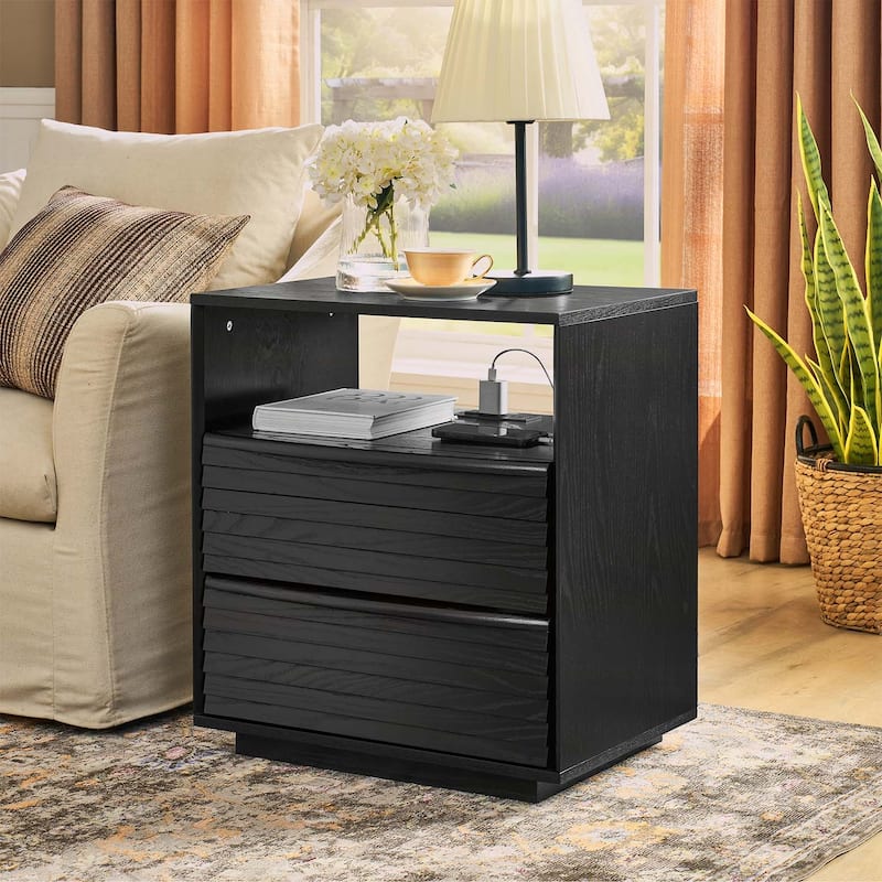 Modern Nightstand with Charging Station,2 Drawers,Open Shelf,and Louver Design - Black